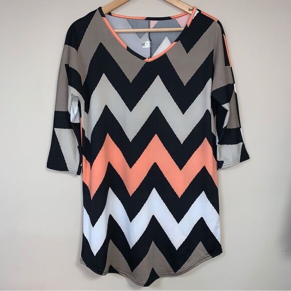 Chevron Tunic Dress Zig Zag Women’s Large Black Peach Long Shirt Top Fall Retro - Picture 3 of 10